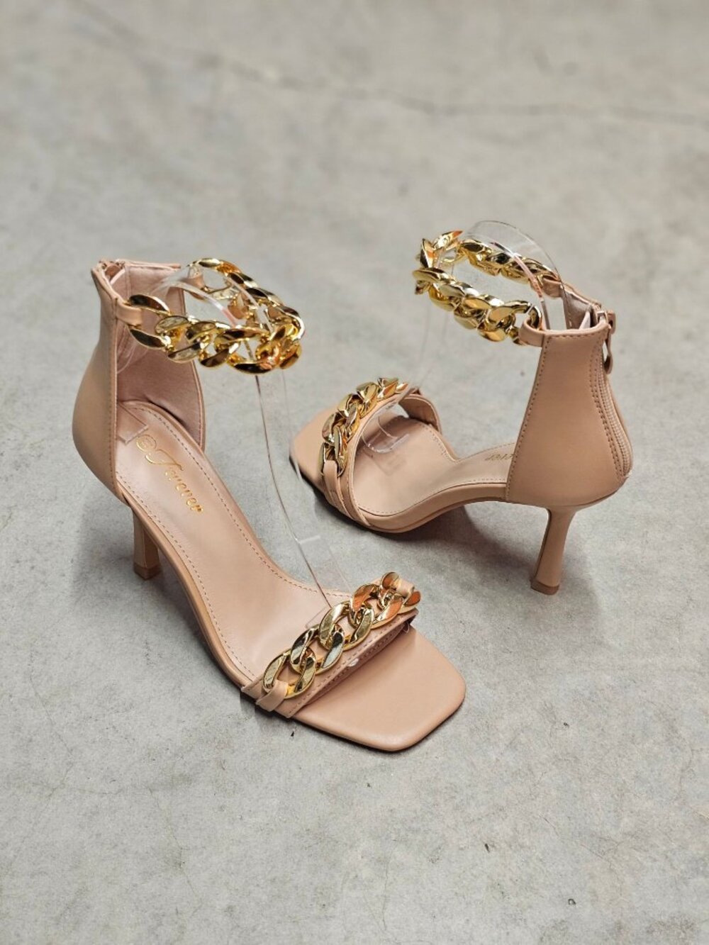 Gold Chain Embellished Nude Stiletto Heels With Ankle Strap - Sleek & Elegant Op - Picture 6 of 14